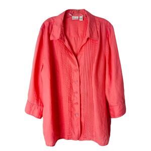 Kim Rogers coral pink linen pleated button front coastal top 2X